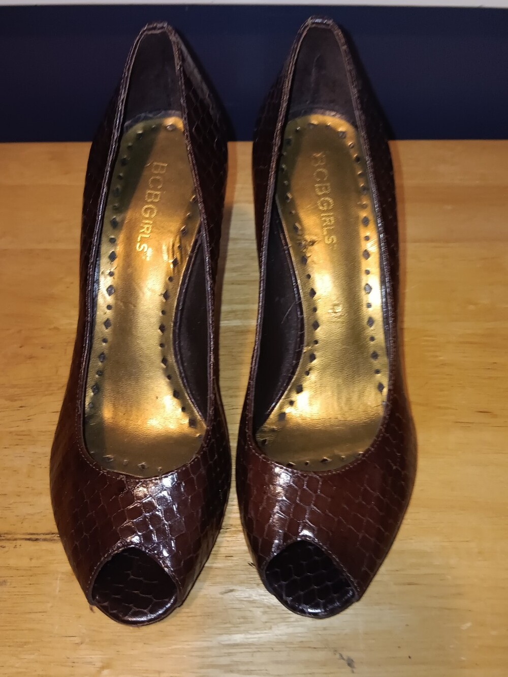 BCBGirls Brown Snakeskin Peep Toe Heels Size 37